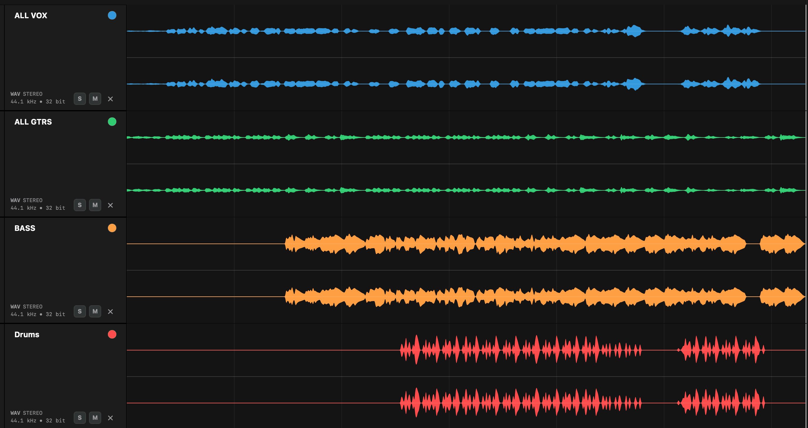Four stems in Stem Checker — vocals, guitars, bass and drums — all sharing the same start and end points
