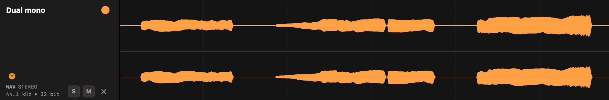 A dual-mono file in Stem Checker showing two identical left and right channel waveforms