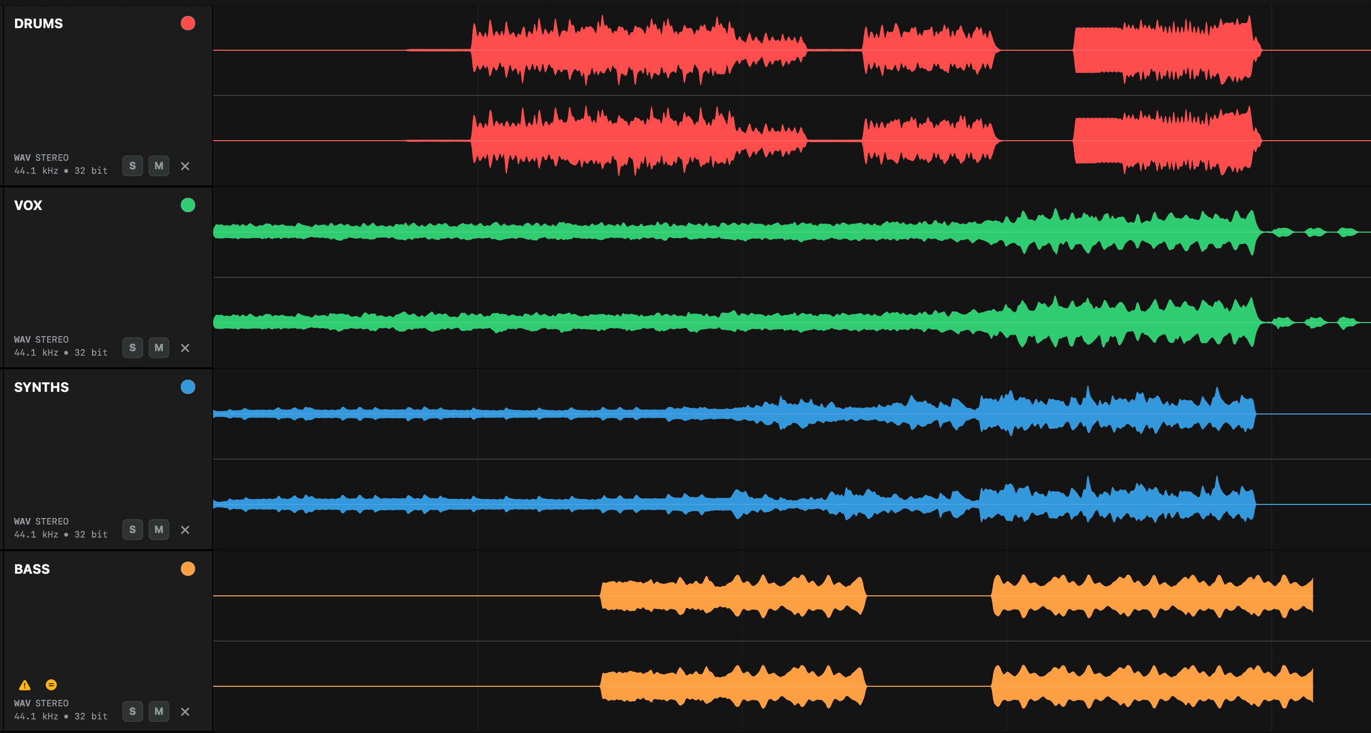 Four stems in Stem Checker sharing the same start, with the BASS stem ending earlier than the others and flagged with a warning
